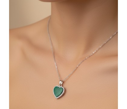 Zia Malachite Heart Zircon Charm Necklace – 925 Silver