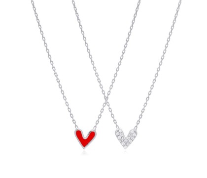 Zia Double Heart Sided Red Enamel CZ Stone Charm Silver Necklace