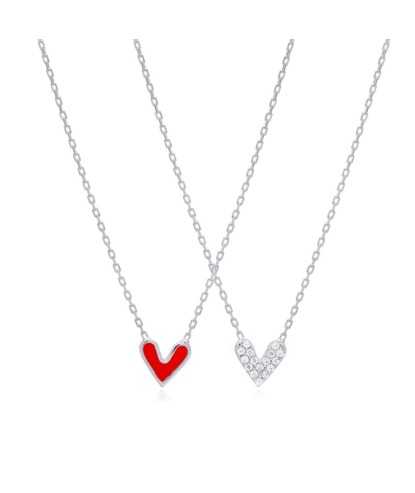 Zia Double Heart Sided Red Enamel CZ Stone Charm Silver Necklace