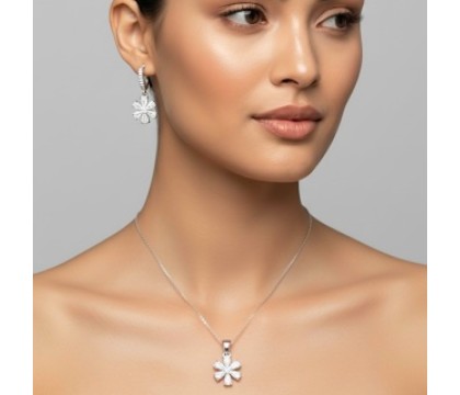 Zia Flower Crystal Pendant Necklace & Earrings – 925 Silver