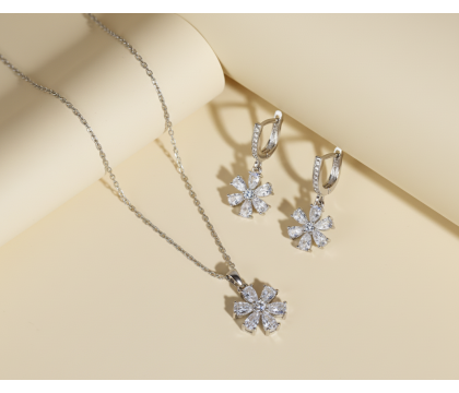 Zia Flower Crystal Pendant Necklace & Earrings – 925 Silver
