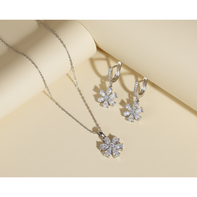 Zia Flower Crystal Pendant Necklace and Earrings