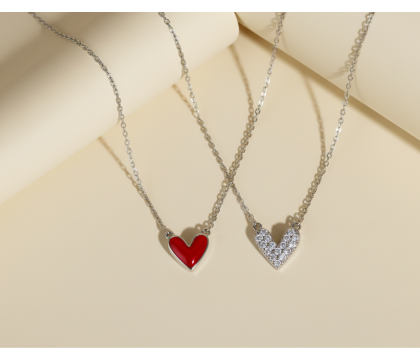 Zia Double Heart Red Enamel CZ Necklace – 925 Silver