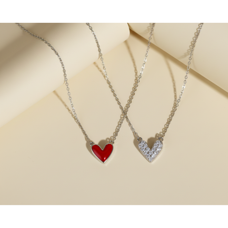 Zia Double Heart Sided Red Enamel CZ Stone Charm Silver Necklace
