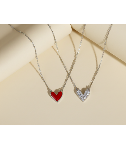 Zia Double Heart Red Enamel CZ Necklace – 925 Silver