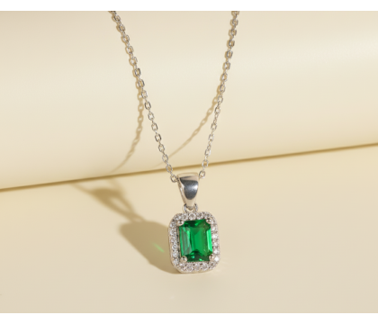 Zia Rectangle Silver Charm Necklace – Emerald CZ