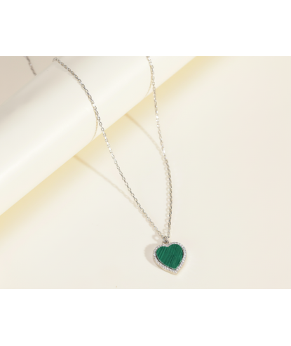 Zia Malachite Heart Zircon Charm Necklace – 925 Silver