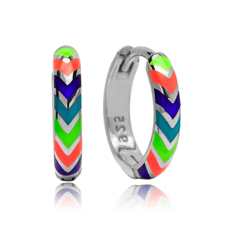Zia Summer Neon Chevron Enamel Huggie Hoop Earrings, 925 Silver Zia Summer Neon Chevron Enamel Huggie Hoop Earrings, 925 Silver