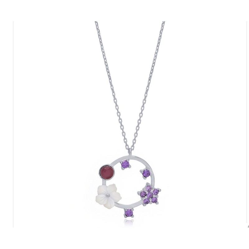 Zia Summer Flower Necklace, Pearl & Amethyst Stones 925 Ssilver Zia Summer Flower Necklace, Pearl & Amethyst Stones 925 Ssilver