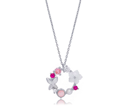 Zia Summer Flower Butterfly Round Charm Pendant Necklac 925 Silver