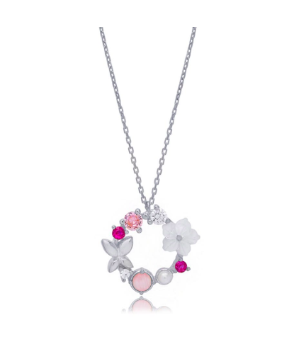 Zia Summer Flower Butterfly Round Charm Pendant Necklac 925 Silver