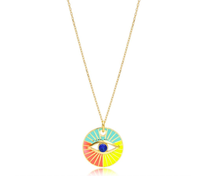 Zia Summer Evil Eye Colorful Pendant Necklace 22 K Gold Plated