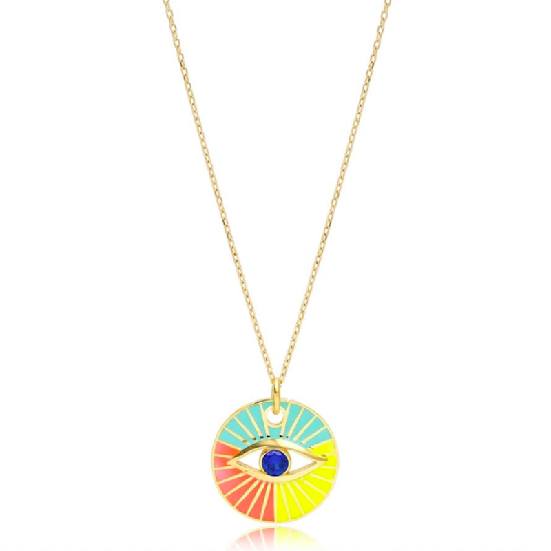 Zia Summer Evil Eye Colorful  Pendant Necklace 22 K Gold Plated