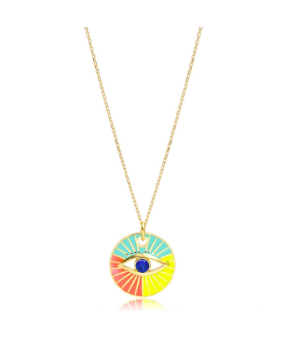 Zia Summer Evil Eye Colorful Pendant Necklace 22 K Gold Plated