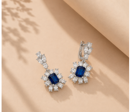 Zia Handcrafted  Sapphire Cluster Drop Earrings  925  Silver