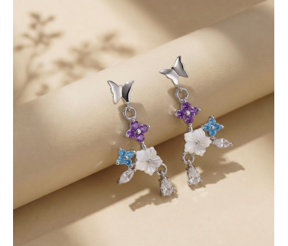 Zia Handcrafted Flower Butterfly Drop Stud Earrings 925 Silver