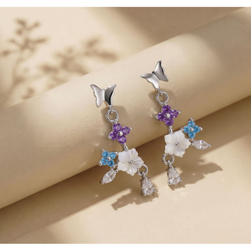 Zia Handcrafted Flower Butterfly Drop Stud Earrings