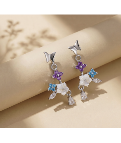 Zia Handcrafted Flower Butterfly Drop Stud Earrings 925 Silver