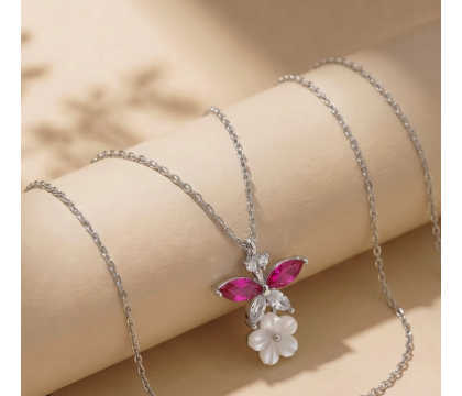Zia Ruby Zircon Dainty Flower Charm Pendant Necklace 925 Silver