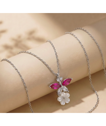 Zia Ruby Zircon Dainty Flower Charm Pendant Necklace 925 Silver