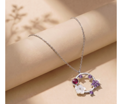 Zia Summer Flower  Necklace, Pearl & Amethyst Stones 925 Ssilver