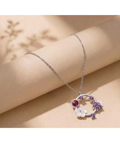 Zia Summer Flower  Necklace, Pearl & Amethyst Stones 925 Ssilver