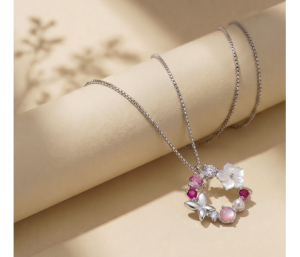 Zia Summer Flower Butterfly Round Charm Pendant Necklac 925  Silver