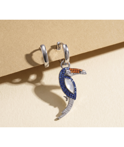 Zia Handcrafted Toucan Charm Hoop Earring, Mix Stone 925 Silver