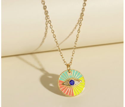Zia Summer Evil Eye Colorful  Pendant Necklace 22 K Gold Plated