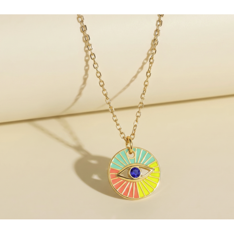 Zia Summer Evil Eye Colorful Pendant Necklace 22 K Gold Plated Zia Summer Evil Eye Colorful Pendant Necklace 22 K Gold Plated