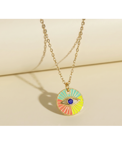 Zia Summer Evil Eye Colorful  Pendant Necklace 22 K Gold Plated
