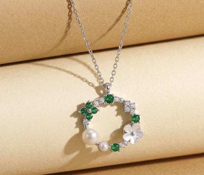 Zia Summer Emerald & Seed Pearl  Pendant Necklace 925 Silver