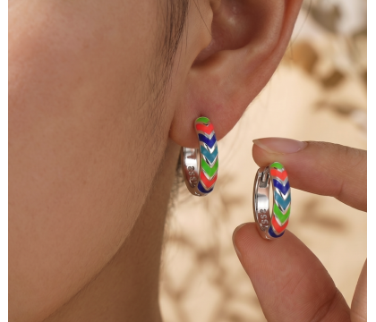 Zia Summer Neon Chevron Enamel Huggie Hoop Earrings,