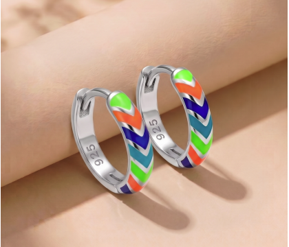 Zia Summer Neon Chevron Enamel Huggie Hoop Earrings, 925 Silver