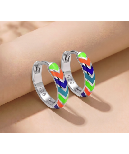 Zia Summer Neon Chevron Enamel Huggie Hoop Earrings, 925 Silver